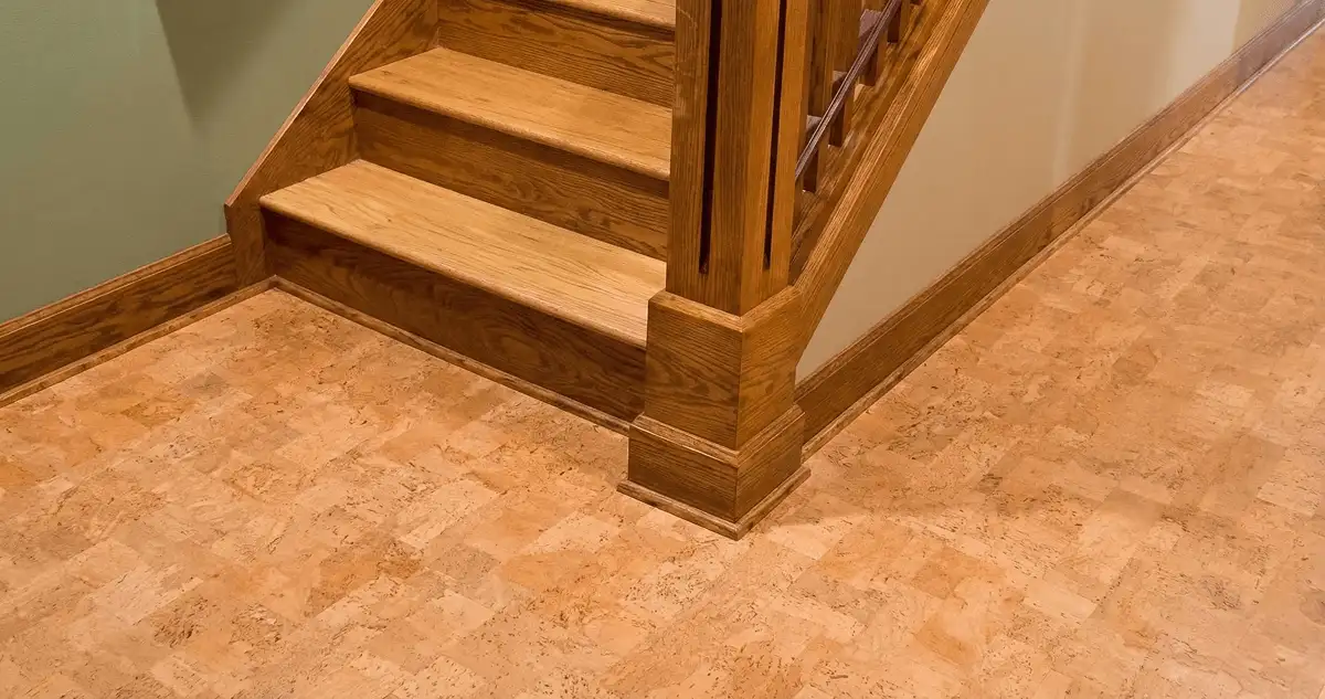End of a staircase with cork flooring in Aurora, IL