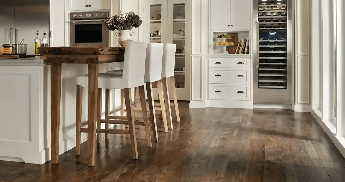 Professionally installed and refinished hardwood flooring in a residential home, showcasing smooth finish and natural wood tones in Aurora, IL