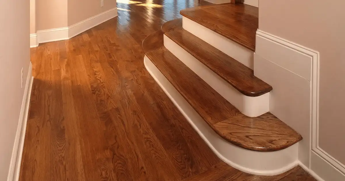 Base floor of a staircase with professionally restored wood flooring in Aurora IL