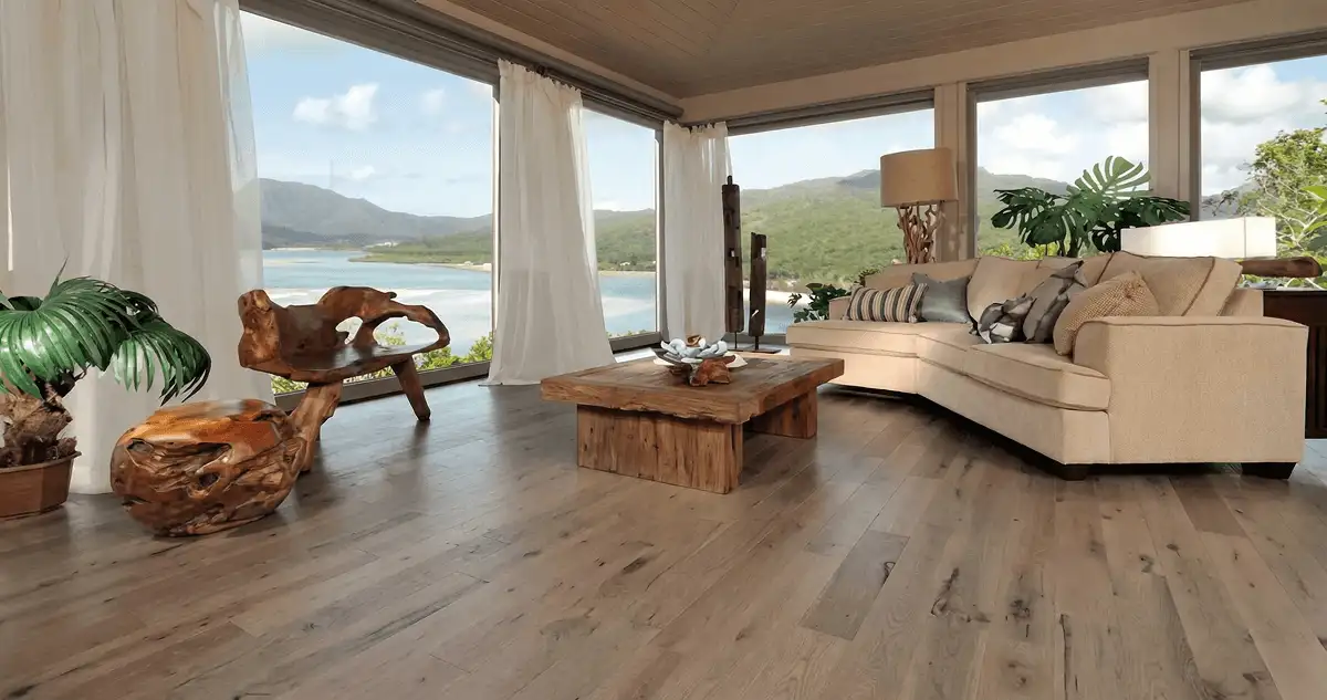 Professionally installed vinyl flooring in a modern living room with large windows in Aurora, IL